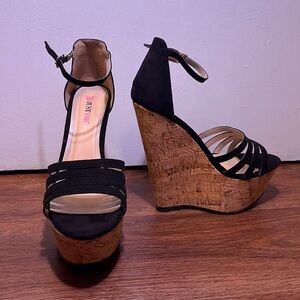 JustFab Black Cork Platform Wedge Sandals with Ankle Strap